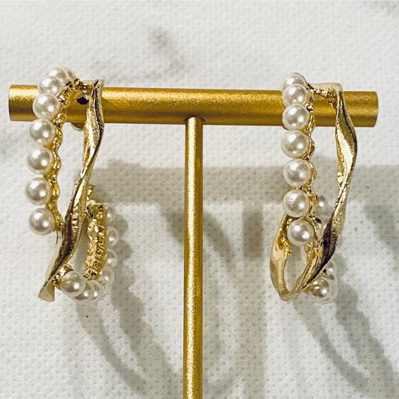 Pearl Gold Crossed Hoop Earrings - Picture 1 of 3